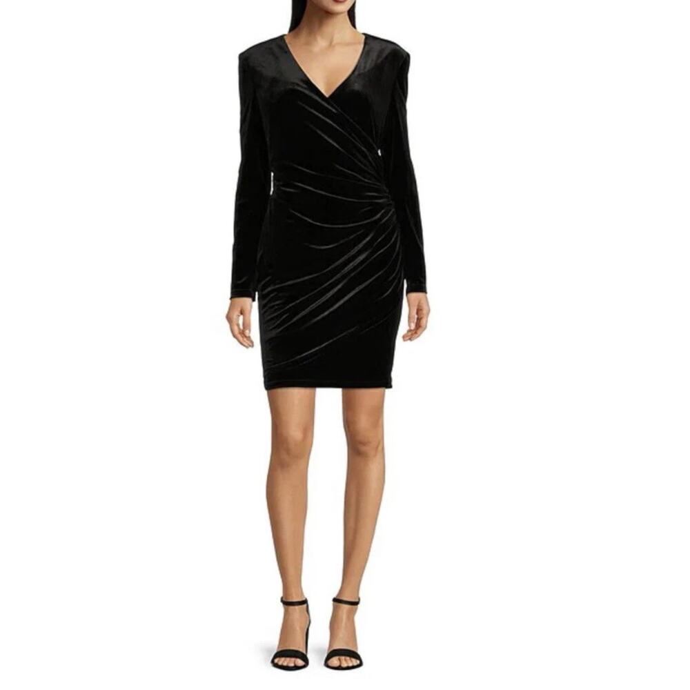 Alex Marie Nikki Velvet V-Neck Stretchy Ruched Faux Wrap Short Dress Petite 10